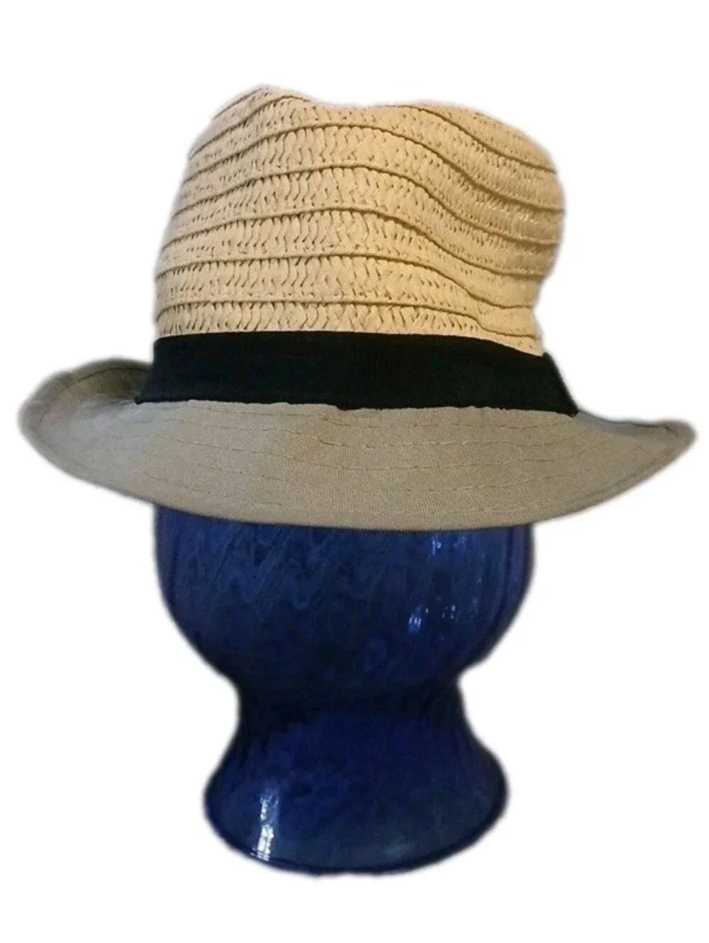 No Brand Tag Childrens Toddler Fidora  Sun Hat Natural with Gray Brim Navy Band